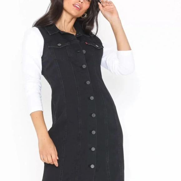 NWT LEVI'S BLACK Short 100% Cotton Collared Mini Dress Size S - Picture 2 of 12